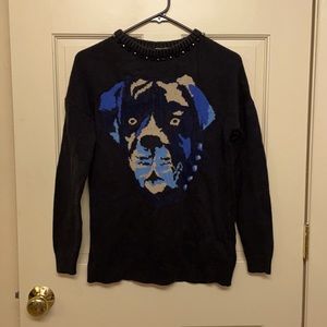 Studded neck dog print black sweater